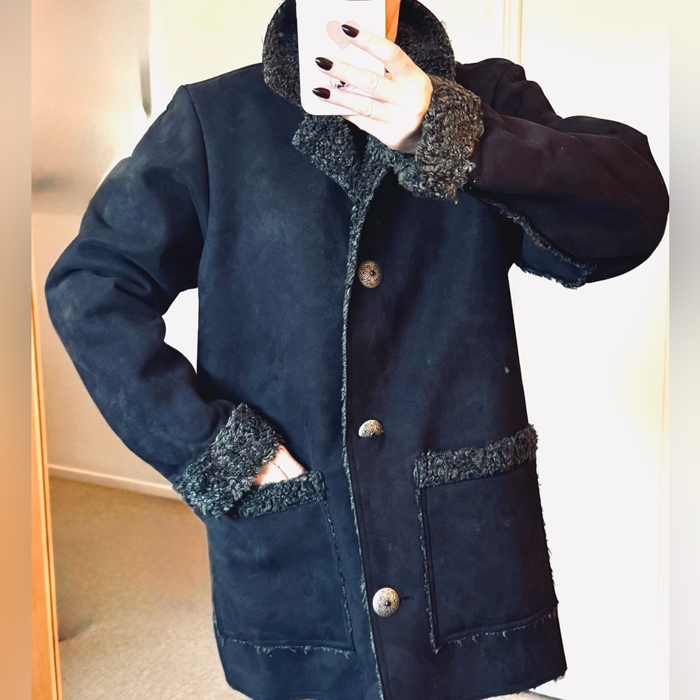 Women's Charcoal Black Faux Shearling Coat - Like New!